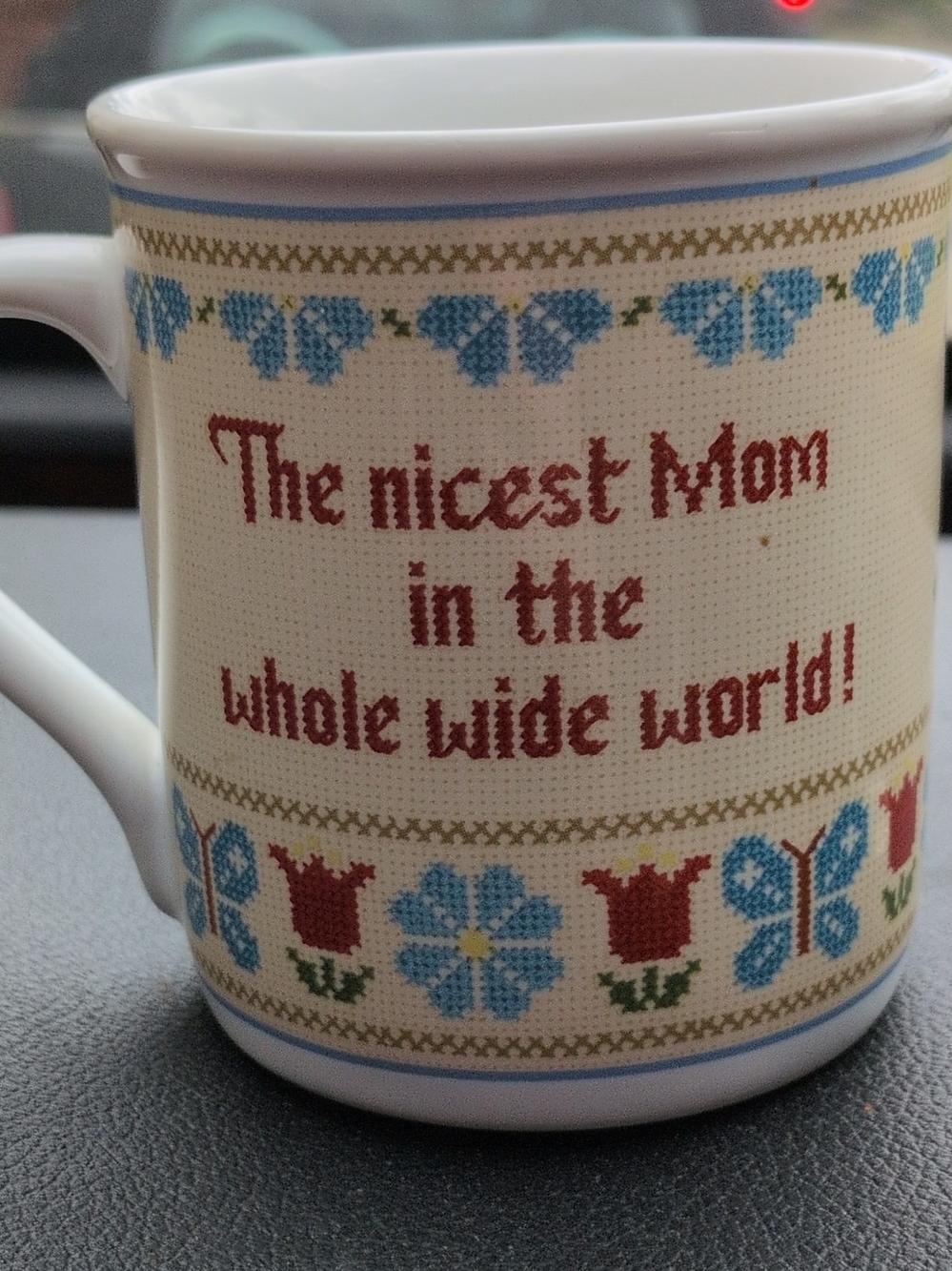 Hallmark Vintage Mothers Day Ceramic Mug with Blue Floral and Red Needlepoint